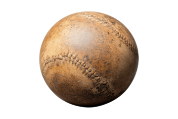 Old baseball with stitching and weathered leather, cut out transparent
