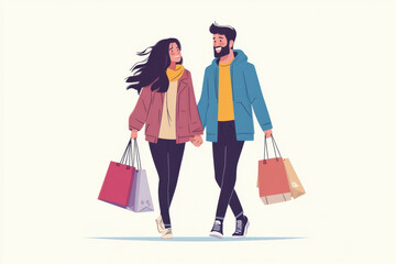 Couple happily walk carrying shopping bags on a busy street filled with people and cars.