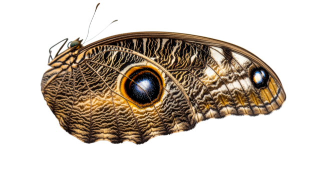 Owl butterfly wing pattern detail on dark background, cut out transparent