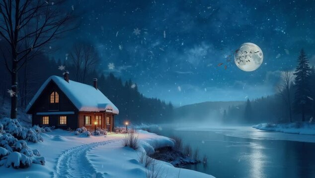 "A peaceful winter night by the river, with a cozy house glowing warmly under the full moon, surrounded by snow-covered trees and a serene, snowy landscape.