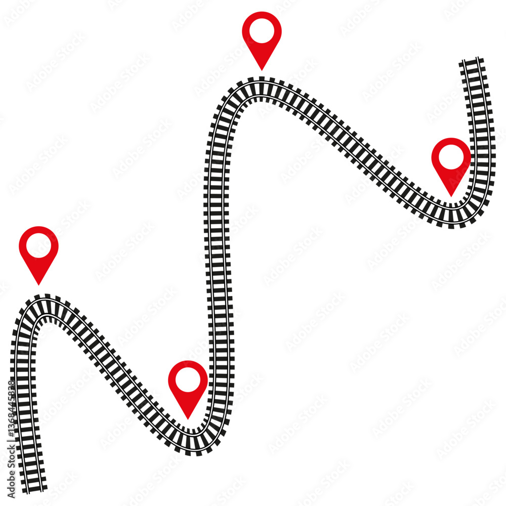 Poster curved railway track. train route path. location pin markers. vector transport map.
