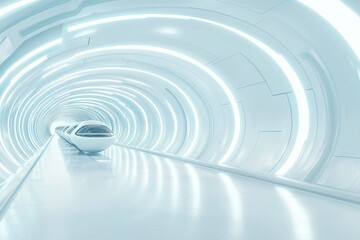 Obraz premium Future Transportation: A futuristic train gracefully glides through a sleek, modern tunnel, with a soft, cool glow. Representing innovation and cutting-edge technology.
