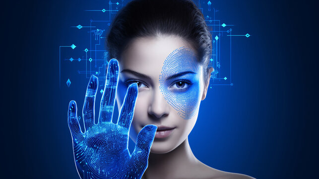 A high-tech woman with a happy face touching a blue fingerprint scanner, symbolizing technology and digital security.