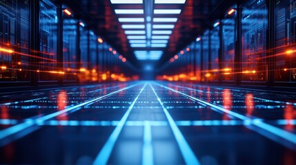 A futuristic server room hallway with bright glowing blue and orange data streams lighting up the floor and walls leading to a captivating vanishing point