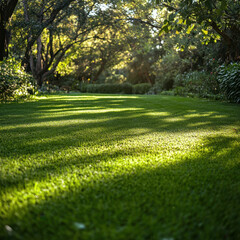 Green lawn with trees and bushes under clear blue sky.