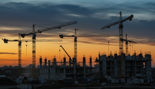 Construction site with cranes at sunset showcasing urban development and industrial progress.