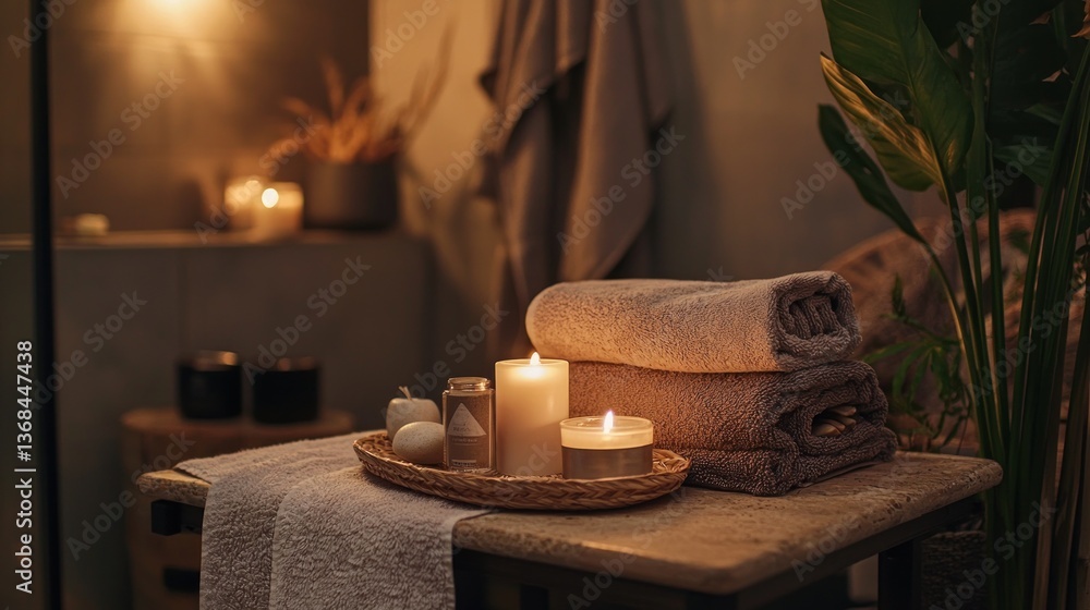 Aufkleber tranquil spa retreat with soft towels candles and soothing aroma creating a relaxing atmosphere in a
