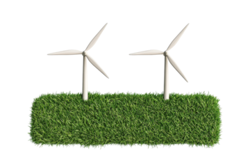 Wind turbines on green grass, energy source, clean, cutout transparent