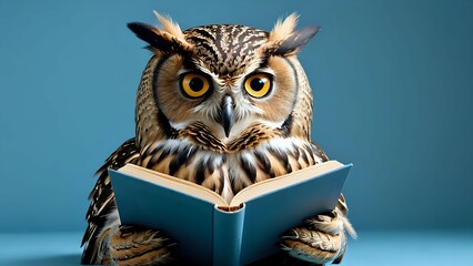Owl Reading a Book on Blue Background Learning and Education Concept