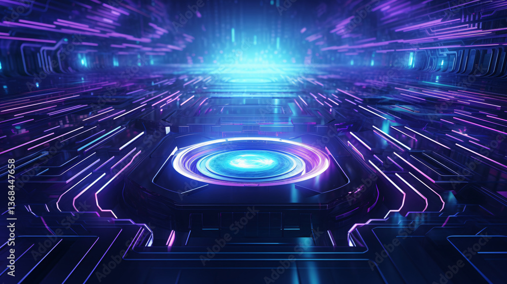Aufkleber A high-tech abstract background with low-light glowing purple tones, featuring a black grid and box elements.