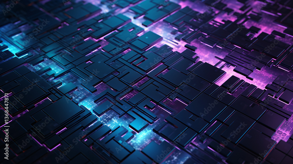 Poster A high-tech abstract background with low-light glowing purple tones, featuring a black grid and box elements.
