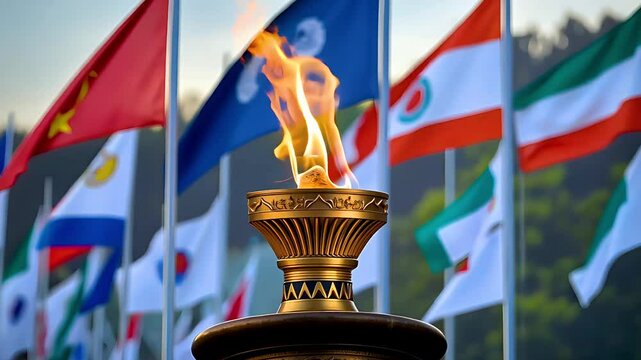 Olympic-style flame torch with international flags waving in background wind