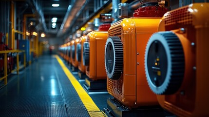 Obraz premium Industrial Power Generators: A Row of Orange Machines in a Modern Facility