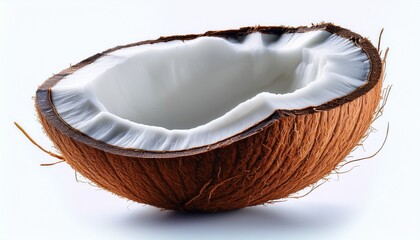 Coconut's tropical charm: a close-up of a halved coconut, revealing its fibrous outer shell and pristine white flesh, offering a glimpse of the refreshing delight within.