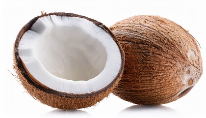 Coconut Duo: A close-up shot of two coconuts, one halved to reveal the fresh, white flesh, the other whole, showcasing the textured husk.