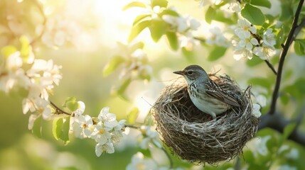 Fototapeta premium Birds building nests in spring A captivating image of birds building nests in spring, showcasing the intricate process of gathering materials constructing their nests among blooming trees greenery