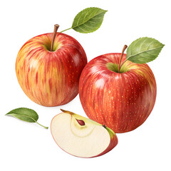 red apples with leaves on transparent background