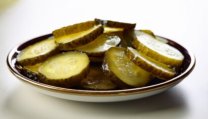 Savor the Flavor: A close-up of a plate, a culinary delight with crunchy, salty, sour pickled cucumber slices, creating a mouthwatering visual experience.