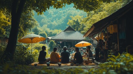 A heartwarming image of local community tourism, featuring tourists engaging with community members, participating in local traditions, and exploring unique cultural aspects of the area.