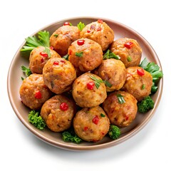 Fried spicy minced pork balls in a plate on white background