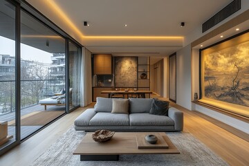 Modern apartment with grey sofa, Chinese hanging scroll, minimalist dining area, white walls, and simple art.