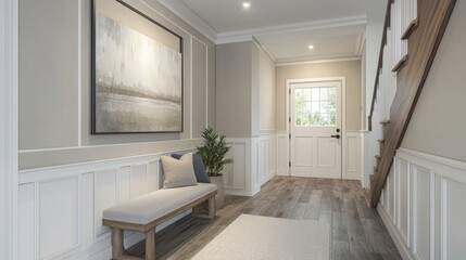 Fototapeta premium Elegant entryway with natural light hardwood flooring featuring wainscoting accent wall painting and stair