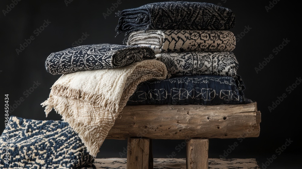 Poster cozy arrangement of folded throws on rustic log bench creates a soothing mood of domestic relaxation