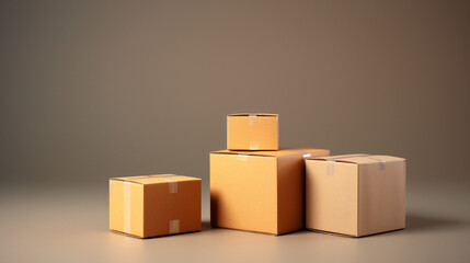 Obraz premium A minimalistic 3D render of four smooth floating cardboard boxes, representing shifting, transportation, and delivery.
