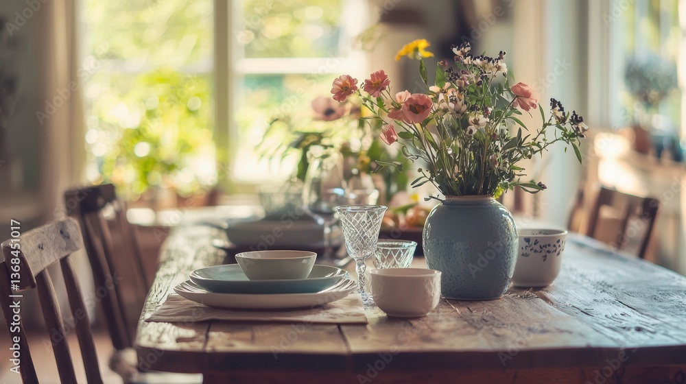 Poster rustic wooden table with floral arrangement and elegant table setting a warm sunny day impression