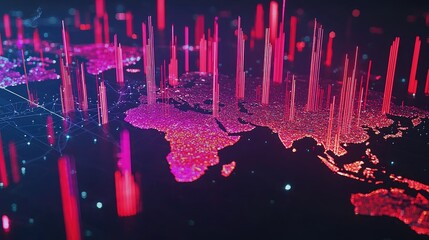Global Network Analysis with Data Visualization in Pink and Red Colors Over a Digital World Map