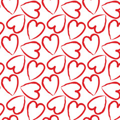 Cute romantic minimalist simple seamless pattern with hand drawn red ink grunge hearts in outline. Background for Valentines day wedding.