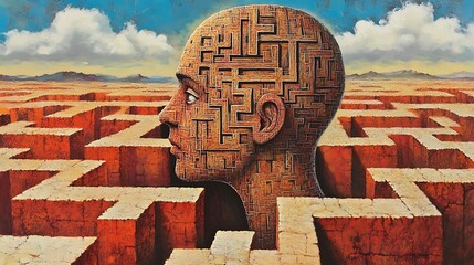 A person&rsquo;s mind enclosed by high walls, symbolizing being trapped in their own thoughts.

