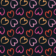 Seamless romantic pattern with hand drawn red hearts. Colorful doodle hearts on dark background. Ready template for design, postcards, print, poster, party, Valentine's day, vintage textile. Vector.