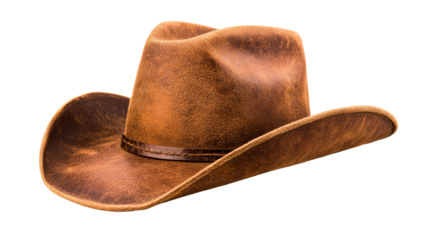 Brown leather cowboy hat close up isolated, cut out transparent