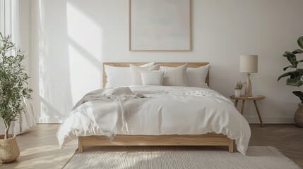Minimalist Bedroom Decor with Wooden Bed Frame and Lamp Plants and Natural Light Calm and Serene Interior