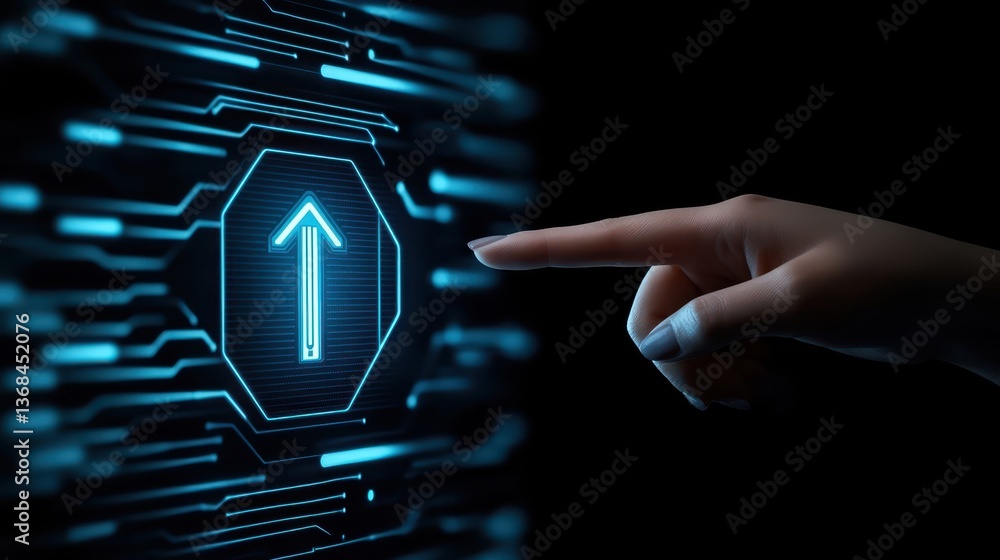 Poster hand activating digital interface button, seamless technology integration for enhanced user experien