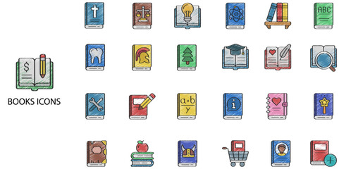 Books simple concept 24 hand drawn color icons set. Contains such library, learning, reading, studying, magazine .Vector illustration.