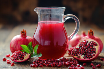 Pome juice in a pitcher with pome slices on a wooden table, with a blurry garden background.