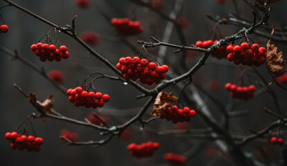Close-up of red berries on rowan tree branch in autumn, dark background, seasonal atmosphere, natural beauty.
