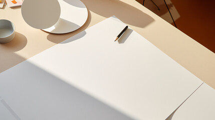 A partial close-up of a white desktop from a top-down view, featuring space for text customization.