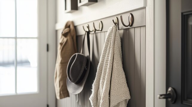 Elegant entryway featuring a neutral palette coat rack with a coat hat and scarf for a cozy home in the light