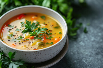 Bowl of soup with fresh herbs and spices, steaming and inviting. Rich colors and textures create a warm and comforting atmosphere.