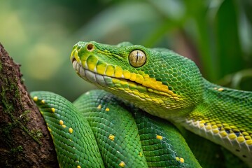 Close-up of a vibrant green tree python coiled around a branch in its natural jungle habitat.  
