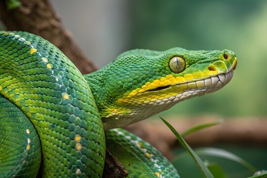 Close-up of a vibrant green tree python coiled around a branch in its natural jungle habitat.  
