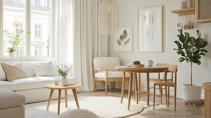 Light interior of a Scandinavian style living room showing round table chairs sofa and houseplant beside window