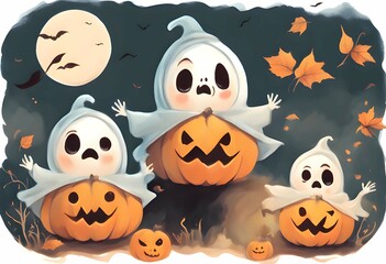 Whimsical Halloween Pumpkin Ghost with Jack-o'-lanterns