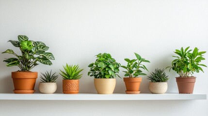 A Row of Potted Green Plants Decorating a White Shelf Against a White Wall Serene Interior Natural Light Studio Shot