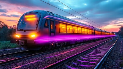 Obraz premium Futuristic Train in Motion with Dynamic Neon Light Effects at Sunset