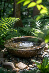Serene Zen Fountain Garden: A Tranquil Oasis of Calm and Harmony with Flowing Water and Lush Greenery