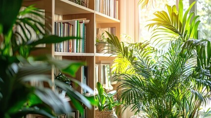 Fototapeta premium Bookshelf and Houseplants in Bright Sunlight Creating a Cozy Indoor Environment with Relaxing and Peaceful Ambiance